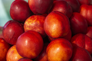 Ripe red nectarines close-up. A large pile of collected nectarines for sale. Delicious fruit in soft focus. Abstract background of juicy pears. Harvest. Sweet dessert.