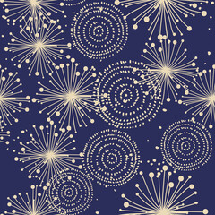 Seamless pattern from fireworks on dark sky. Vector background with festive fireworks for holiday, new year party, christmas, birthday, carnival, Independence day.