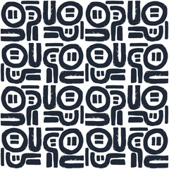 Abstract seamless pattern of ink line, circle and other shapes in a tiled arrangement. Figure for textiles. Grunge texture.