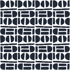 Fototapeta premium Abstract seamless pattern of hand drawn geometric elements, semicircles, circles, lines, rectangles. Repeating grunge texture for textile.