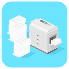 Isometric Photocopier Surrounded by Stacks of Messy Paper Icon - Vector Illustration