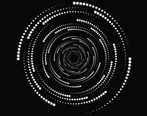 Dotted, dots, speckles abstract concentric circle. Spiral, swirl, twirl element.Circular and radial lines volute, helix.Segmented circle with rotation.Radiating arc lines.Cochlear