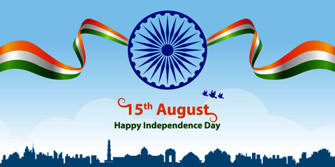 Happy Independence Day India with tricolor flag greeting vector graphic layout.  15th August template for brochure, flyer, poster, web, print media.