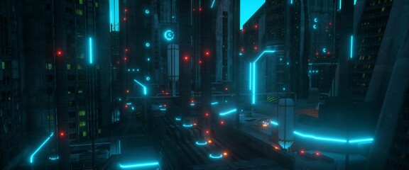 Neon urban future. Industrial zone in a futuristic city. Wallpaper in a cyberpunk style. Grunge cityscape with bright neon lights and huge futuristic buildings. 3D illustration.