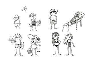 Persone al mare , illustrazione in bianco e nero  isolata su sfondo bianco