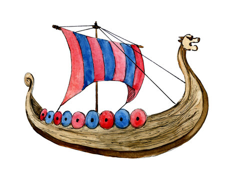 Watercolor hand painted viking ship