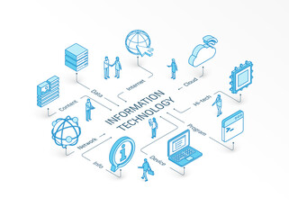 Information Technology isometric concept. Connected line 3d icons. Integrated infographic system. People teamwork. Device, IT, content cloud symbols. Program code, tech data, network, server pictogram - 369059719