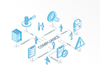Compliance isometric concept. Connected line 3d icons. Integrated infographic design system. People teamwork. Rules, Standards, Law, Requirements symbol. Regulations, Policies Transparency pictogram - 369059797