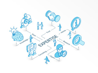 Expertise isometric concept. Connected line 3d icons. Integrated infographic system. People teamwork. Expert service, consulting, research, team advise symbols. Knowledge, trust, advice pictogram - 369059995