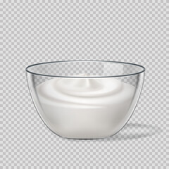 White cream in glass bowl, yoghurt, mayonnaise or sour cream, vector dairy products, element for design and packaging.