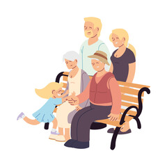 Grandmother grandfather parents and granddaughter on bench vector design