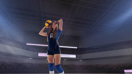 Female professional volleyball players in action on 3d stadium.