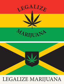 Banner in the form of Jamaican and rastafarian flags with a hemp leaf. The concept of legalizing marijuana, legalize cannabis in Jamaica. Drug use and decriminalization. Smoking weed