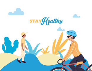 man riding bike and boy walking at park vector design
