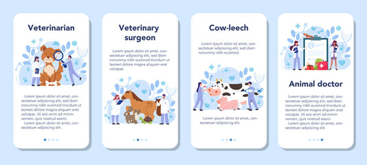 Pet veterinarian mobile application banner set. Veterinary doctor