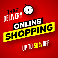 Free fast delivery online shopping banner. Sale poster, up to 50% off. Vector illustration.