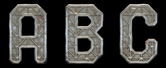 Set of capital letters A, B, C made of industrial metal isolated on black background. 3d