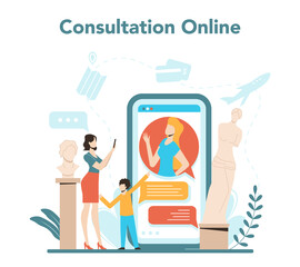 Travel agency online service or platform. Office worker selling tour,