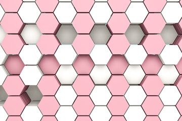 Fototapeta premium 3d rendering of white and pink hexagons on white background. Abstract background with hexagons. Pattern for texture of wallpaper. 