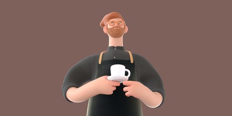 Coffee shop 3D render - barista -modern concept digital illustration of a bearded red haired young man wearing apron holding a coffee cup on a saucer. Creative landing web page header