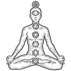 Chakra human body. Sketch scratch board imitation. Black and white.