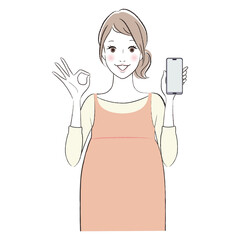 スマホを持つ妊婦さん　OKサイン