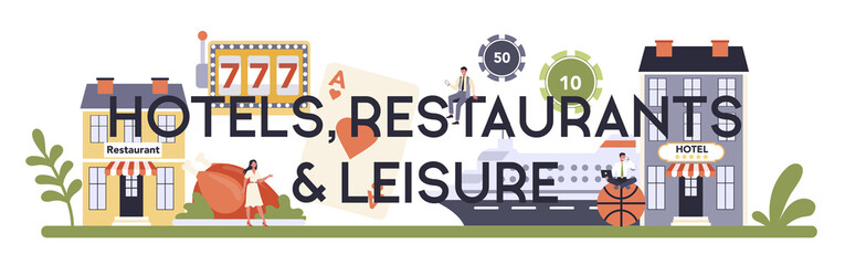 Naklejka premium Leisure service sector of the economy typographic header.