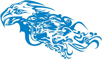 Blue flaming eagle head pattern. Abstract eagle head in wave shape for tattoo, embroidery, engraving, textiles, labels, posters, prints on t-shirts, etc.