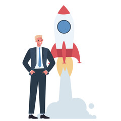 Business character standing near a rocket. Startup concept. Business