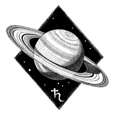 Saturn planet. Hand drawn ink pen illustration in dotwork style. Space concept, astrology, astronomy t shirt print, cosmic logo design. Astrological ruler over capricorn zodiac sign. © Natalia