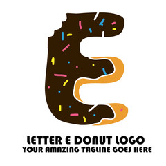 The Best and Delicious Letter E Donuts Shop Logo for Cafe and Bakery. Bitten Chocolate Donut with Initial Lettering Logotype Vector Illustration on White Background