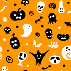 Seamless Happy Halloween pattern. Black white ghost, pumpkin, skeleton, skulls on dot orange background. Cute scary horror characters for fall holidays Halloween, Day of the Dead. Vector illustration