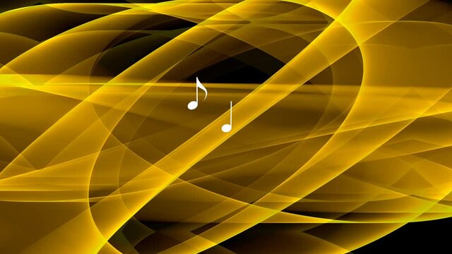 gold music abstract background, animated smoke in gold design, flying white musical notes in center. Abstract animated musical movie, 4k video