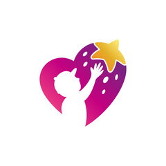 Kid reaching star logo in heart shape. Modern education logo style