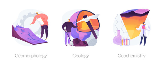 Earth science abstract concept vector illustration set. Geomorphology and geology, organic geochemistry, minerals research, landscape formation, petroleum research, soil exploration abstract metaphor.