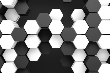 3d rendering of white and black hexagons on white background. Abstract background with hexagons. Pattern for texture of wallpaper. 