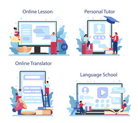 French learning online service or platform set. Language school