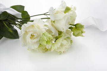 Eustoma flowers background on white background. Holiday composition. Wedding fashion