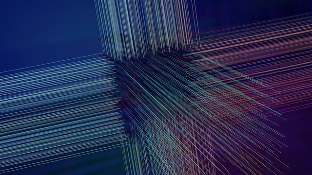 Invisible cube emitting colorful laser beams rotating in a navy blue space. HUD animation, futuristic sci-fi background. Animation in fullHD resolution
