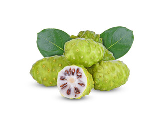 Noni and leaf isolated on white background