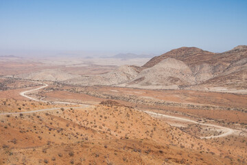 Spreetshoogte Pass view looking down on road from above in remote central Namibia desert