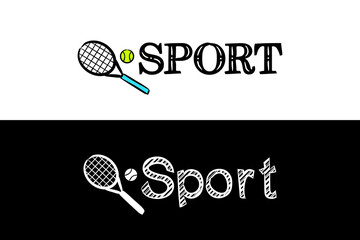 Logo for the Sport school subject. Hand-drawn icon of tennis with title. Sport emblem in chalk style on a black chalkboard. Vector illustration for poster, banner or education project.