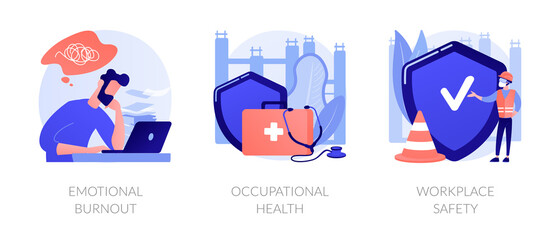 Employee health abstract concept vector illustration set. Emotional burnout, occupational health, workplace safety, overload, injury prevention, labor condition, working environment abstract metaphor.