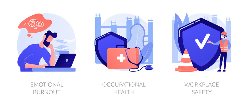 Employee Health Abstract Concept Vector Illustration Set. Emotional Burnout, Occupational Health, Workplace Safety, Overload, Injury Prevention, Labor Condition, Working Environment Abstract Metaphor.