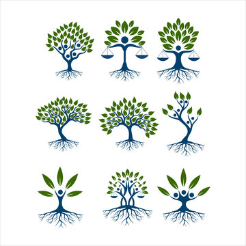 Tree logo with people design set for Vector logo template, Collezione di albero verde - loghi e icone.