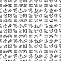 Naklejka premium various icons, pattern, silhouette of people, film with play button, restaurant menu, car wash, festive cap, broom with dust, glasses of champagne, silhouette of people