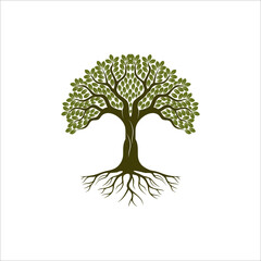 Fototapeta premium Root Of The Tree logo illustration. Vector silhouette of a tree, Abstract vibrant tree logo design, root vector - Tree of life logo design inspiration isolated on white background.