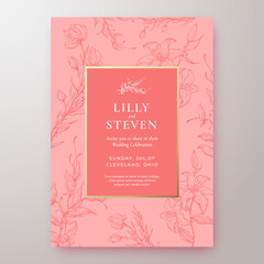 Hand Drawn Floral Background Wedding Invitation Template. Abstract Vector Greeting Card or Holiday Poster. Pink Sketch Flowers and Leaves Illustrations.