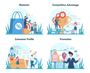 Marketer set. Advertising and marketing concept. Business strategy