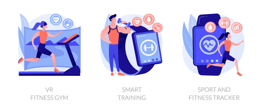 Smart personal training technologies abstract concept vector illustration set. VR fitness gym, smart experience, sport and fitness tracker, fit coaching application, health monitor abstract metaphor.